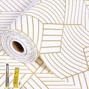Non-Adhesive, Non-Slip Drawer Liner with Knife & Measuring Tape‎ Gold Geometric